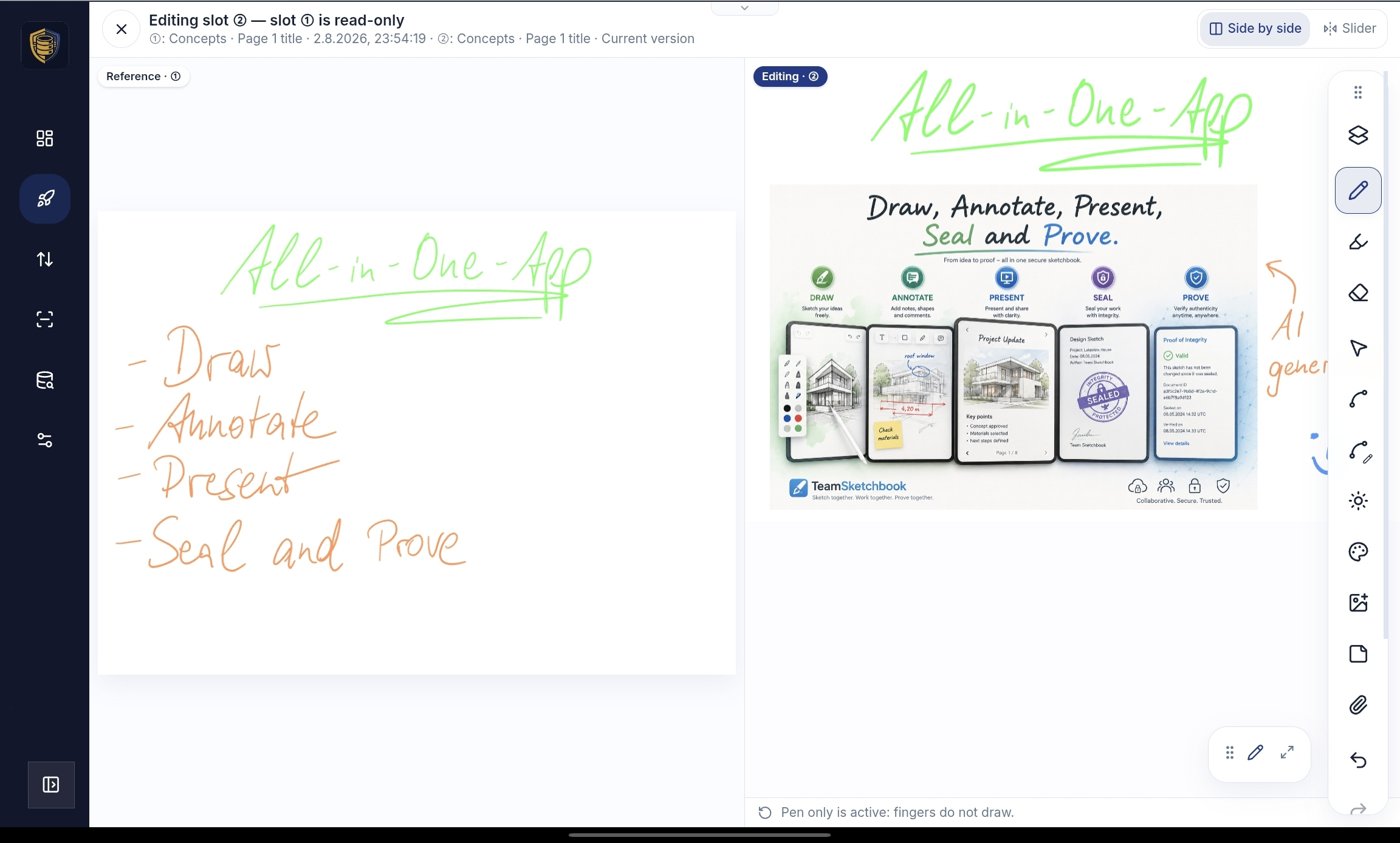 Side-by-side compare view with a historical revision and the current editable page