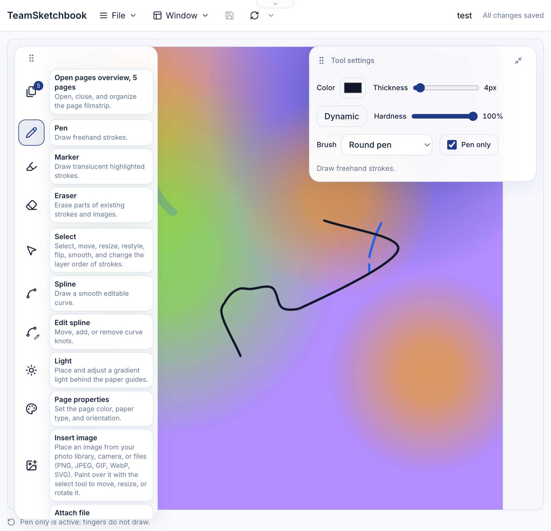 TeamSketchbook toolbar with pen, marker, eraser, select, spline, light, page properties, and insert image; Tool settings panel open