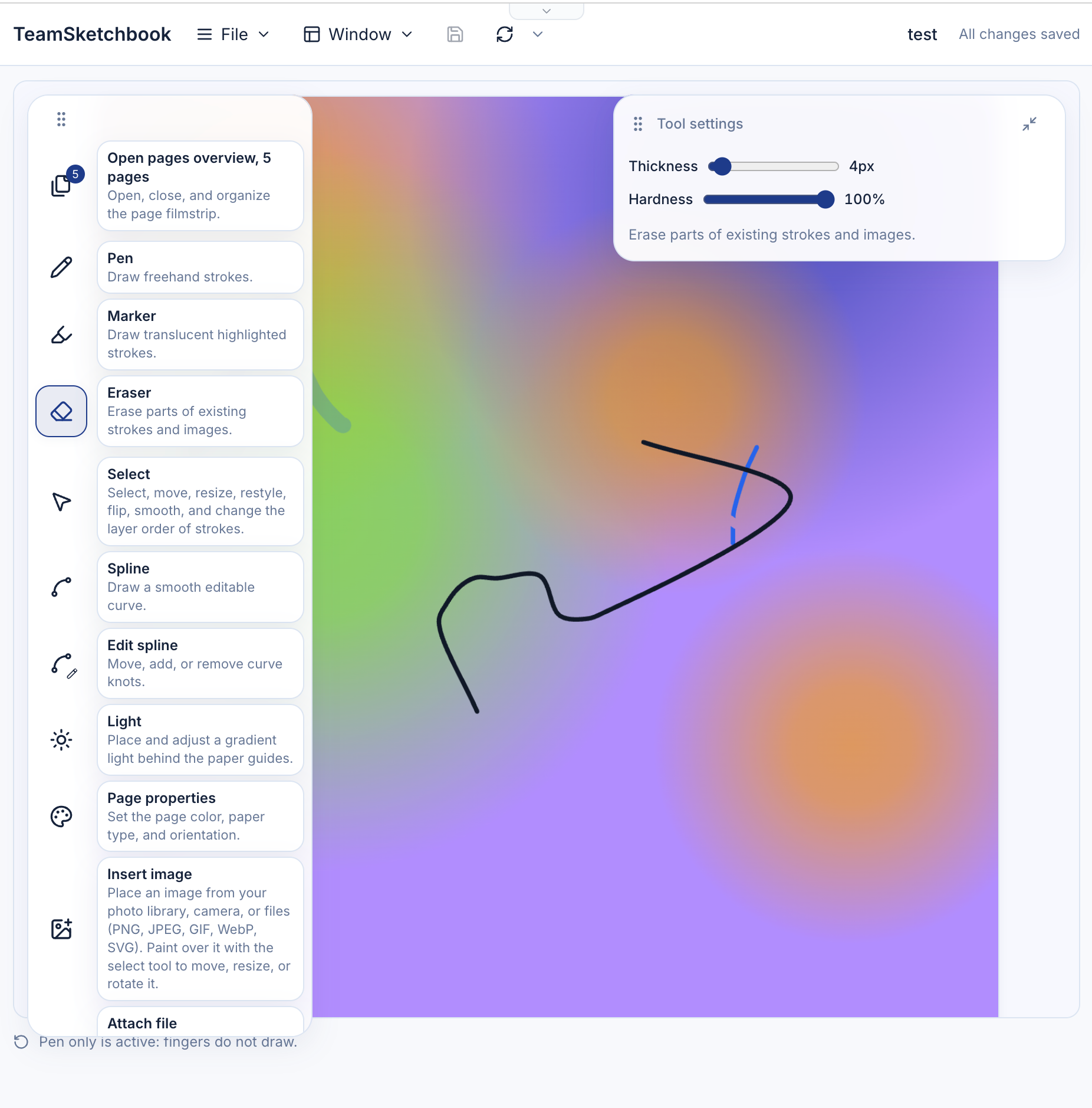 Eraser tool with thickness and hardness settings