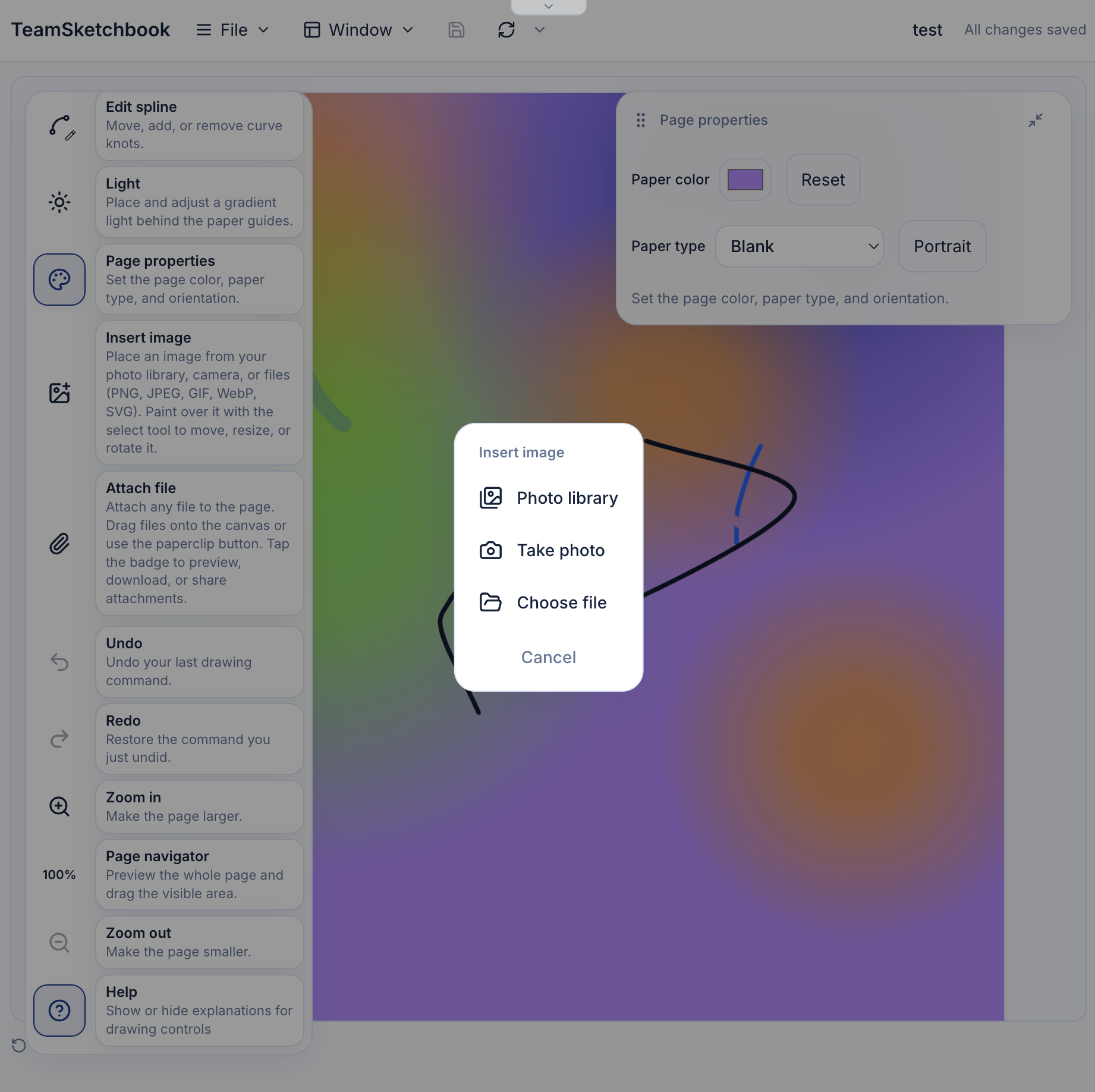 Insert image from photo library, camera, or file