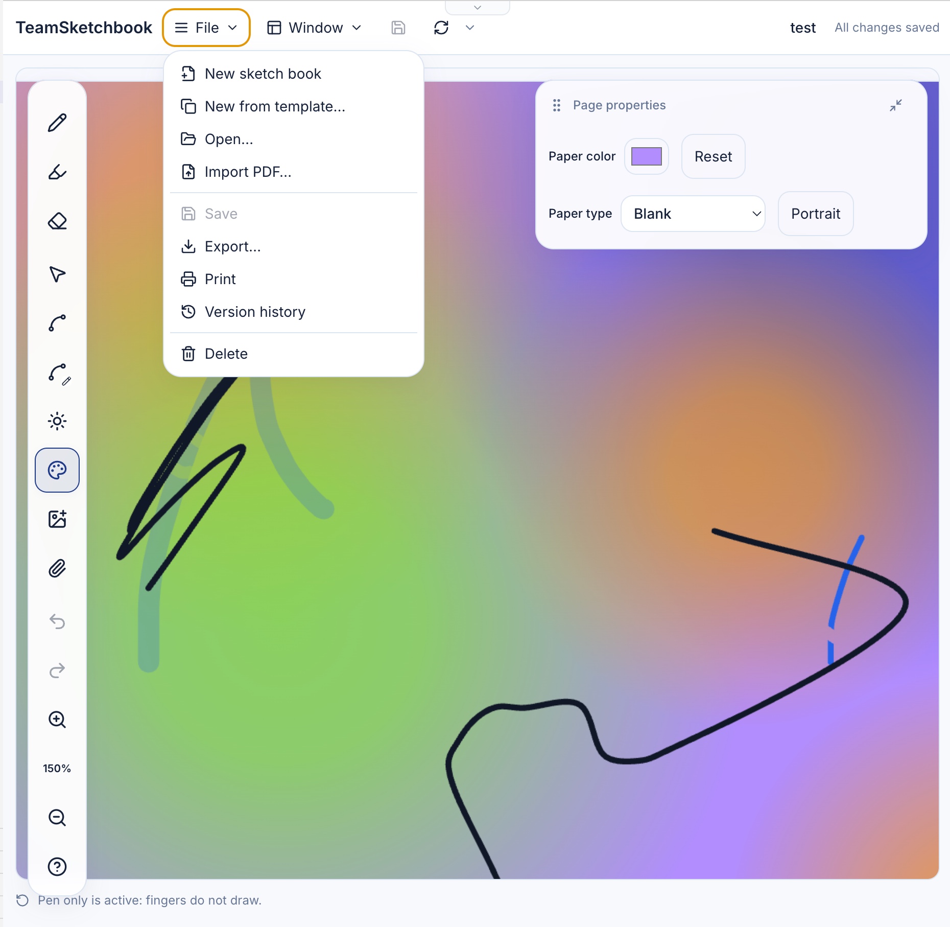 File menu with Version history, templates, PDF import, and export