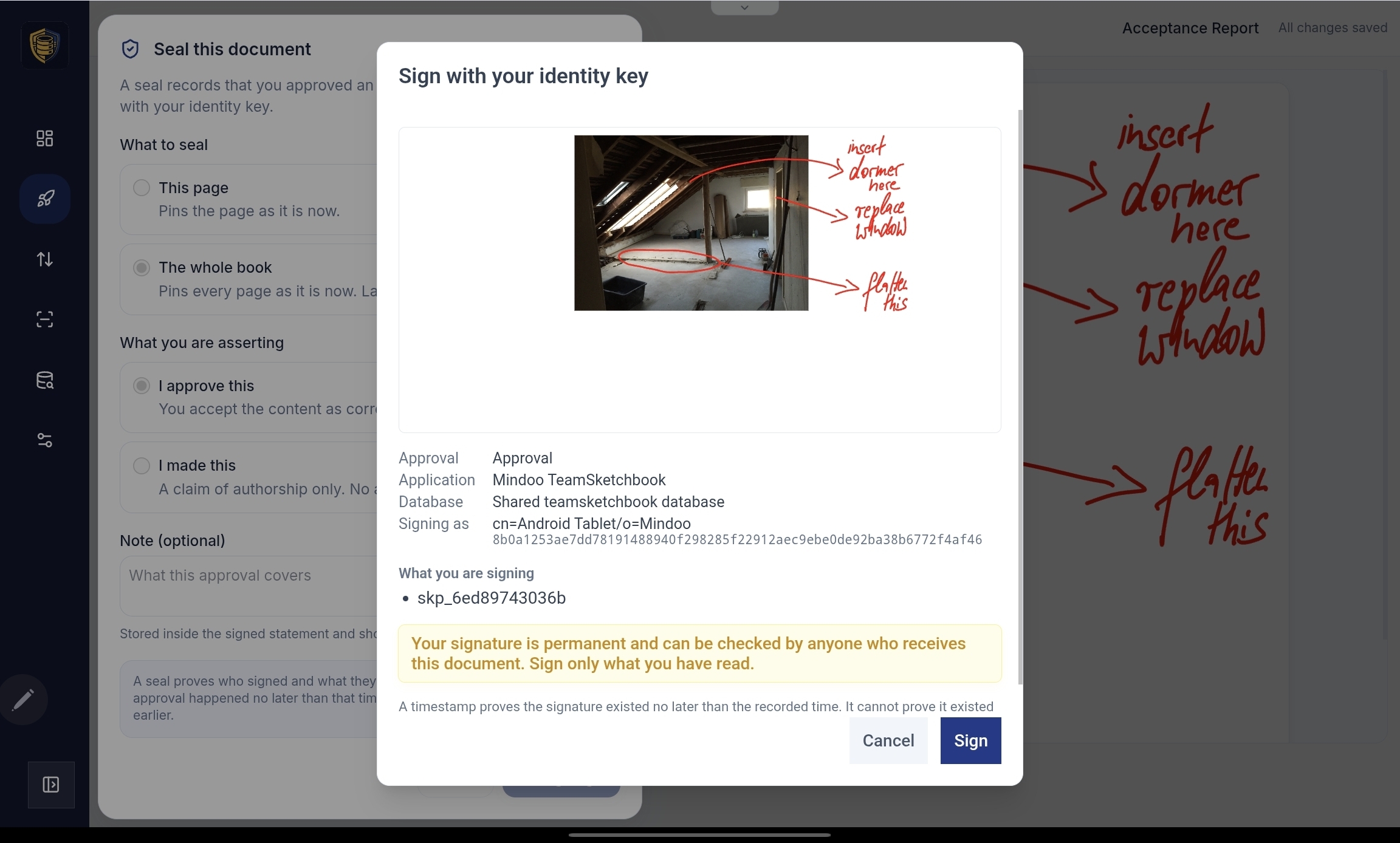 Sign with your identity key dialog showing a preview of the annotated Acceptance Report and the signer cn=Android Tablet/o=Mindoo