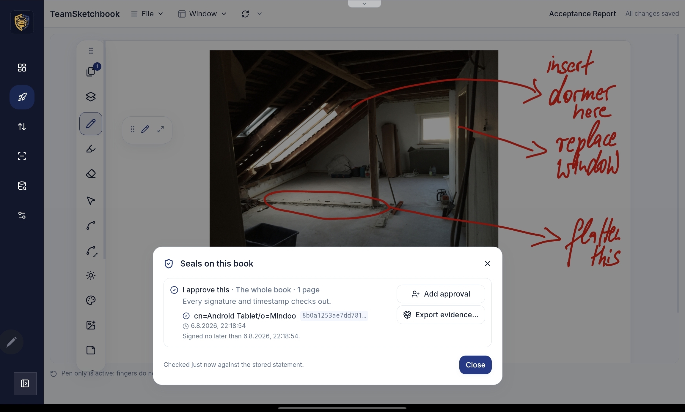 Seals on this book dialog confirming I approve this for the whole book, with a verified timestamp and Export evidence action
