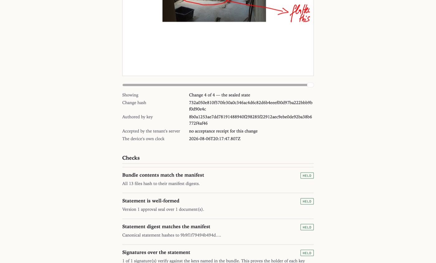 Offline MindooDB seal verifier page for an Attic evidence bundle, showing Verified status, page preview, assets, and cryptographic seal details