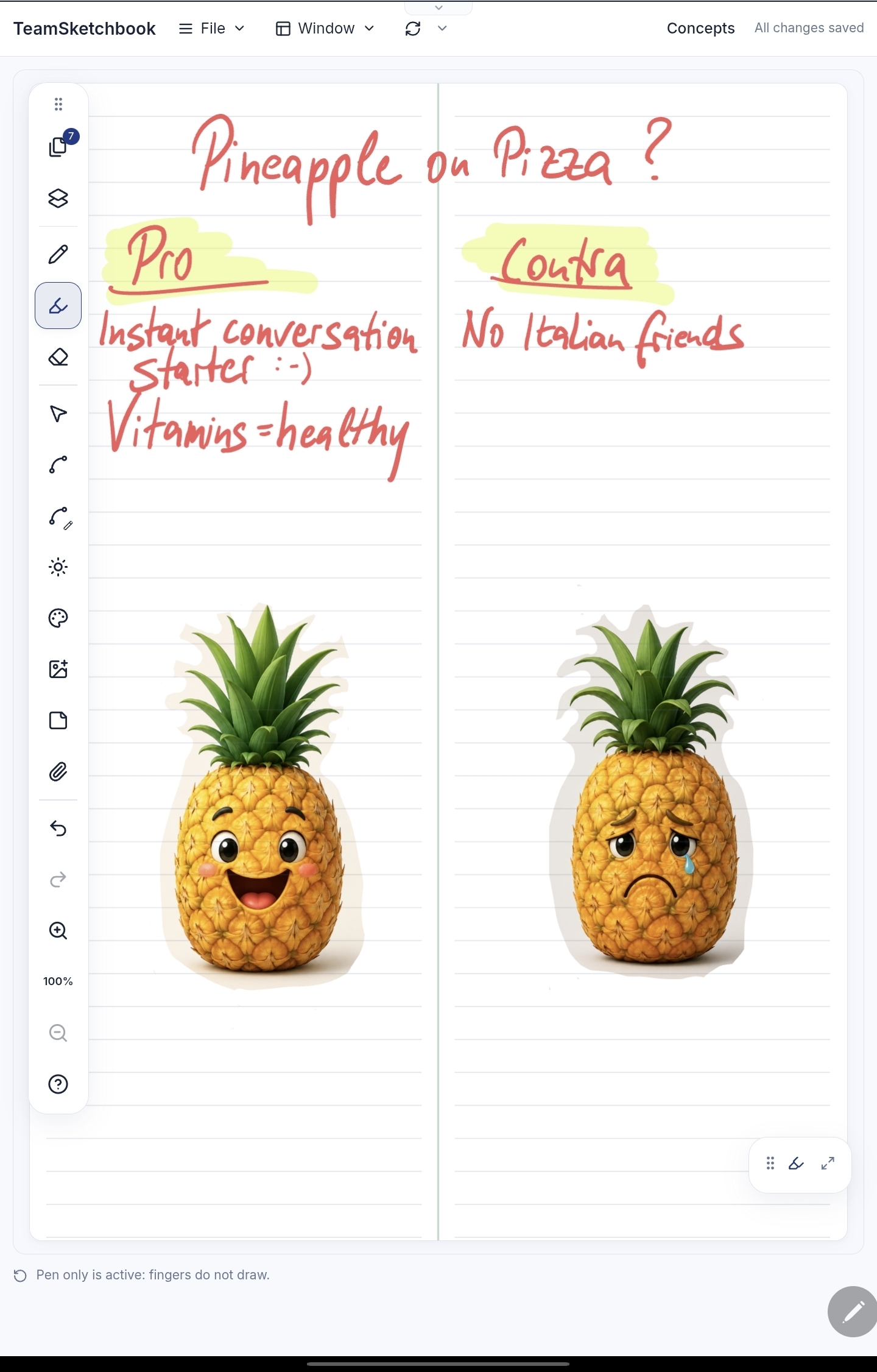 Lined two-column page titled Pineapple on Pizza with Pro and Contra lists in red ink, yellow highlighter, and happy versus sad pineapple doodles