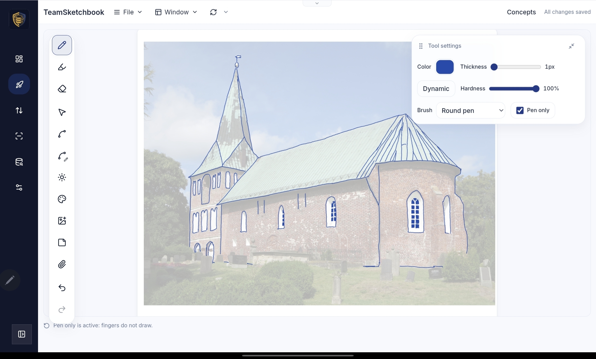Photo of a brick village church faded on the page with a blue pen outline traced over its roof, tower, and windows, and the pen settings panel open