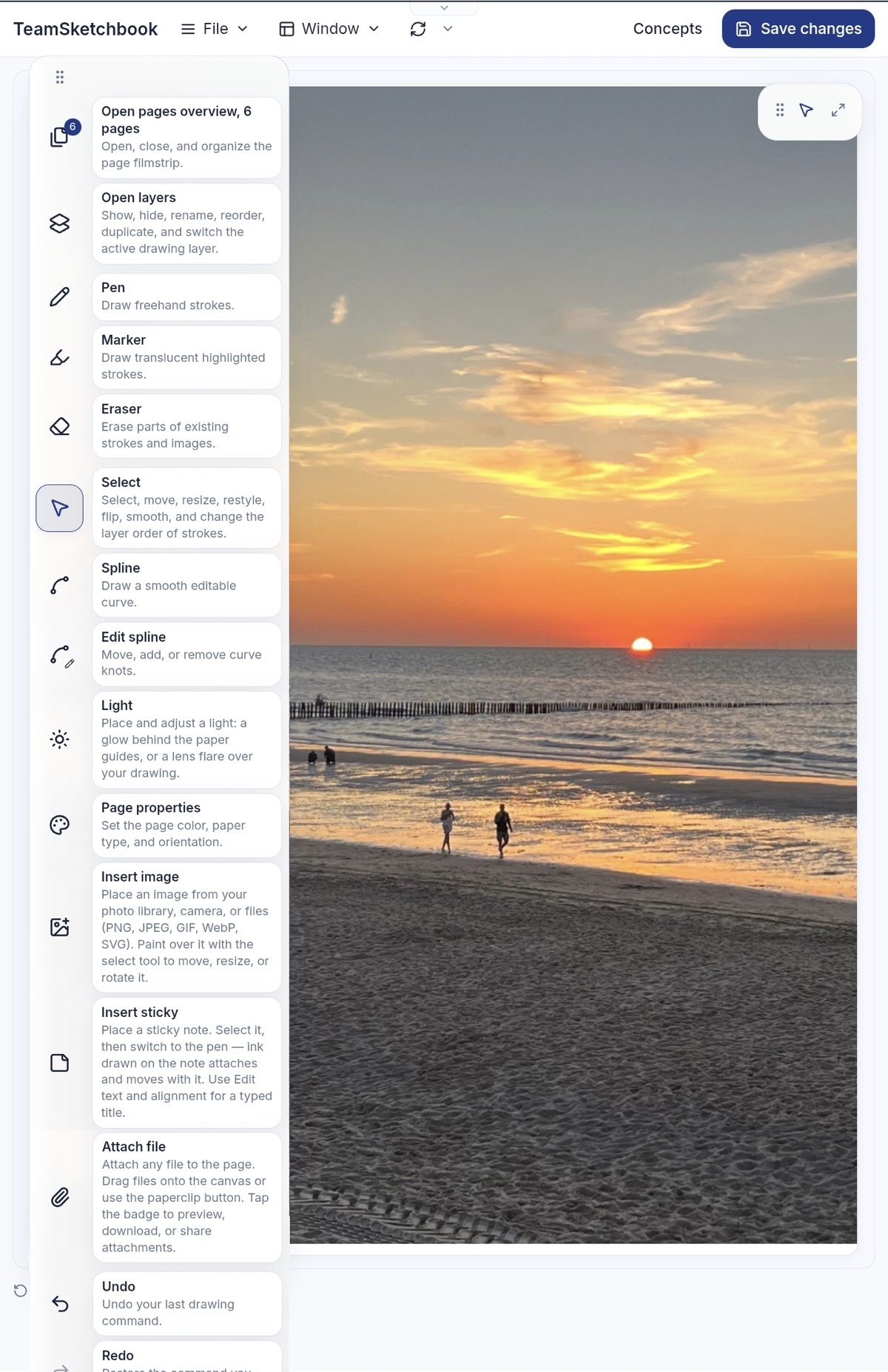 TeamSketchbook tool rail with help labels for pages, layers, pen, marker, eraser, select, spline, light, page properties, and insert actions, beside a sunset photo on the canvas